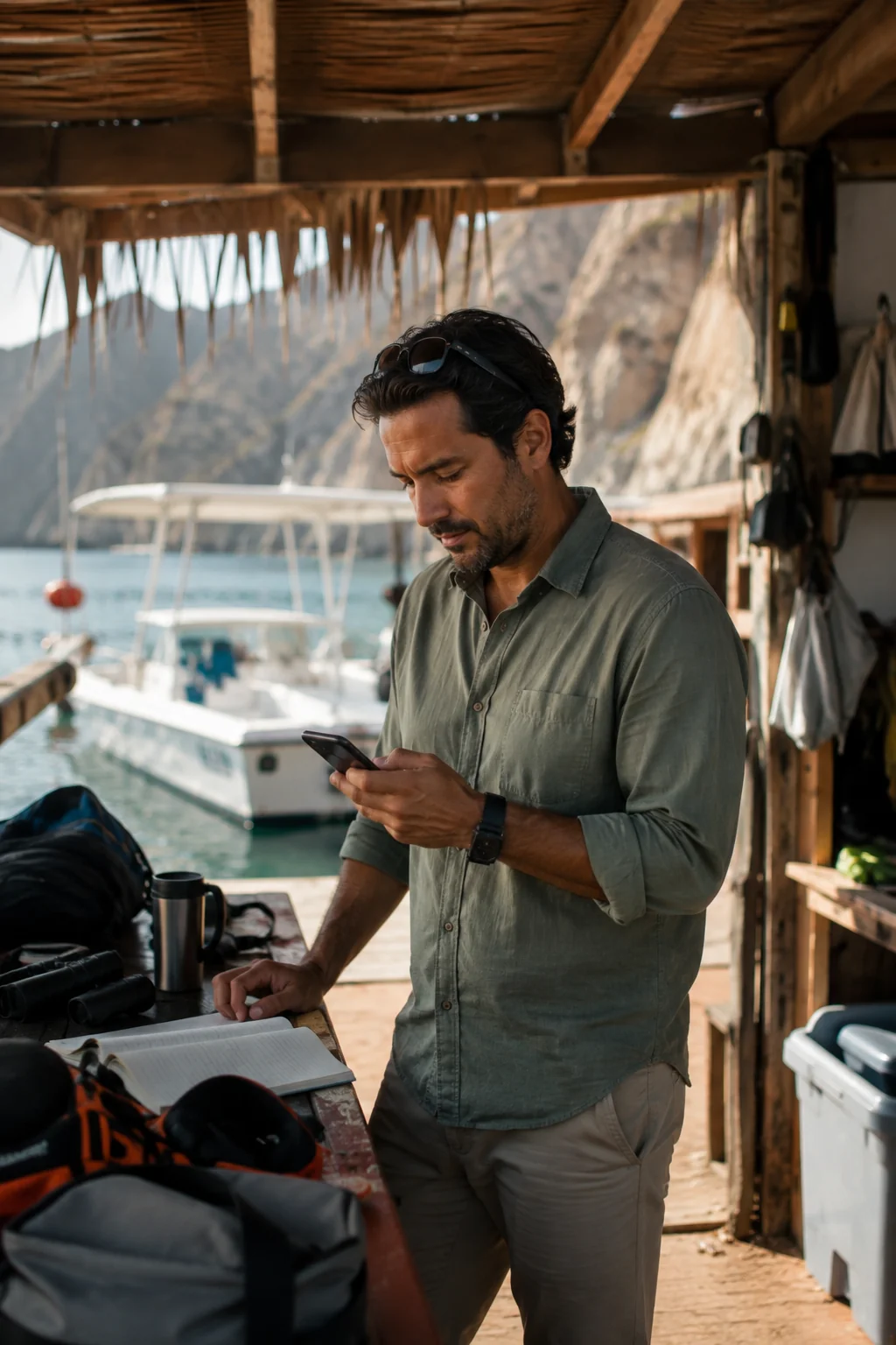 Operador turístico revisando su teléfono junto a una marina, preparando las salidas del día