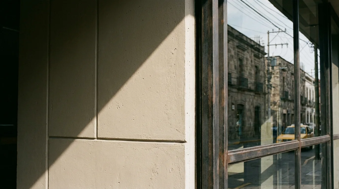 Detalle de la esquina de un local contemporáneo, con una sombra diagonal marcada y la calle reflejada en el cristal