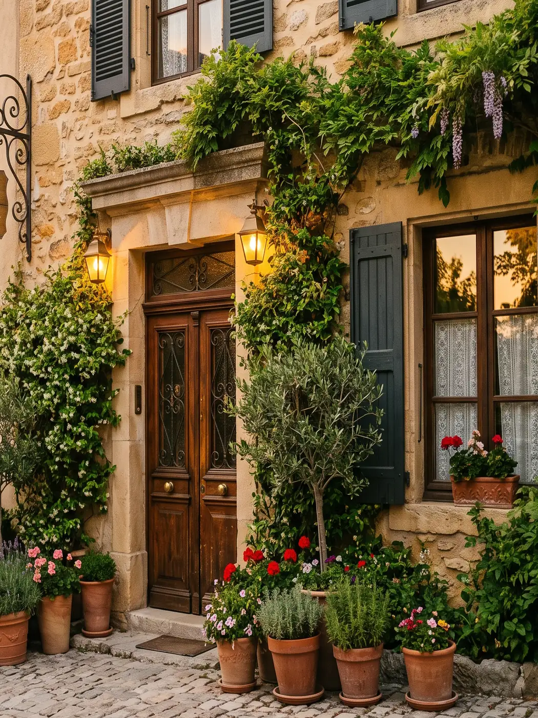 Fachada de un hospedaje boutique al atardecer, puerta de madera y plantas en la entrada