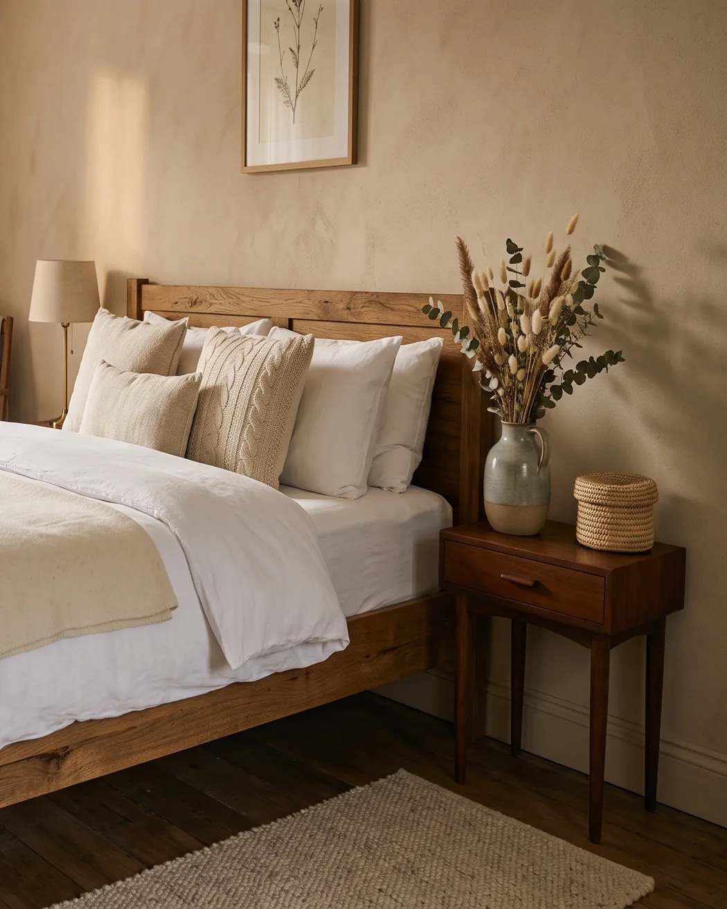 Habitación de un hospedaje boutique, cama con ropa de cama clara, luz cálida de ventana