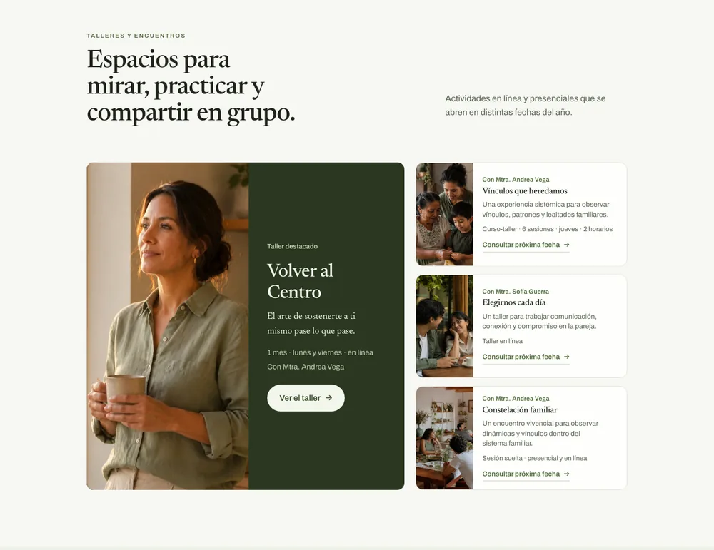 Sección de talleres del sitio de muestra: un taller destacado con fechas y modalidad, y tres encuentros con su facilitadora